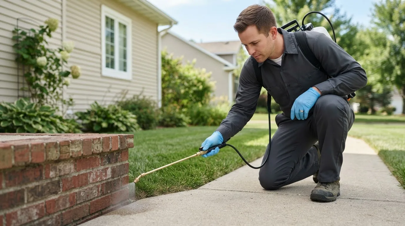 Pest control technician treating a home near Justice, WV
