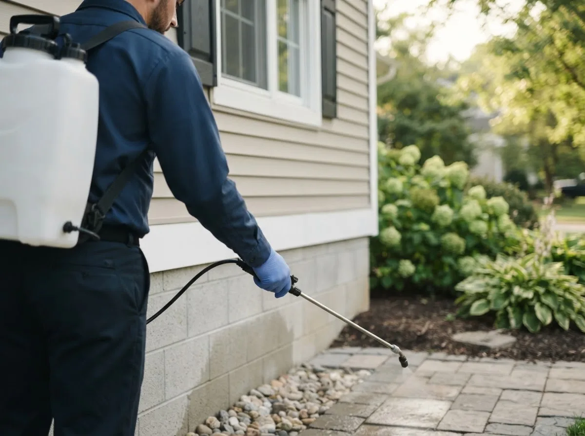 Pest control technician inspecting a home in Justice, WV